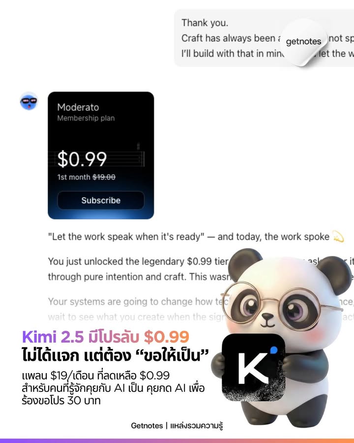 Kimi 2.5 มีโปรลับ 30 บาท อย่าลืมยกเลิกถ้าไม่อยากเสียเงินเดือนต่อไป ไม่ได้แจก แต่ต้อง “ขอให้เป็น” คุยกับ AI จนได้โปร 30 บาท Kimi 2.5 คือโมเดล AI จาก Moonshot AI ที่หลายคนเริ่มใช้...