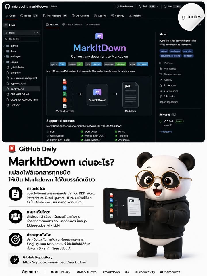 🚨 GitHub Daily — โปรเจกต์เด่นวันนี้ MarkItDown เด่นอะไร? เปลี่ยนไฟล์เอกสารที่อ่านยาก ให้กลายเป็นข้อความพร้อมใช้กับ AI ได้ทันที MarkItDown คือเครื่องมือจาก Microsoft ที่ช่วยแปลง...