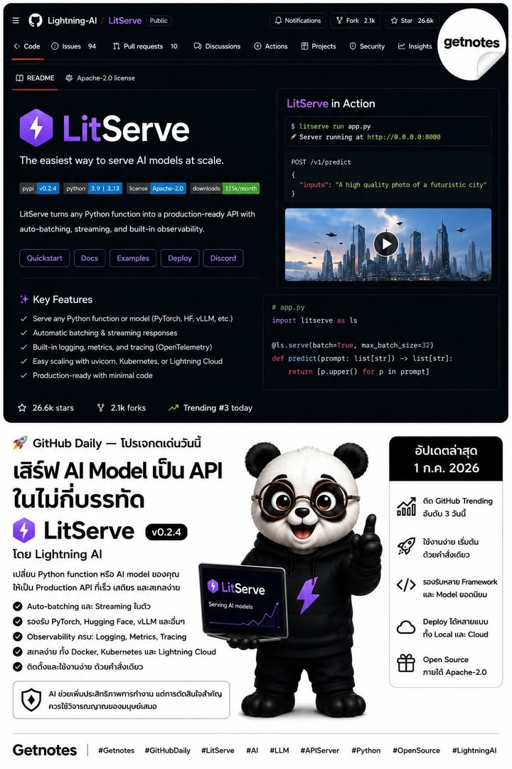 🚀 เปลี่ยน AI Model ให้เป็น API พร้อมใช้งานในไม่กี่บรรทัด 🚨 GitHub Daily — โปรเจกต์เด่นวันนี้ LitServe คือ Open Source Framework จาก Lightning AI ที่ช่วยเปลี่ยน Python Function...