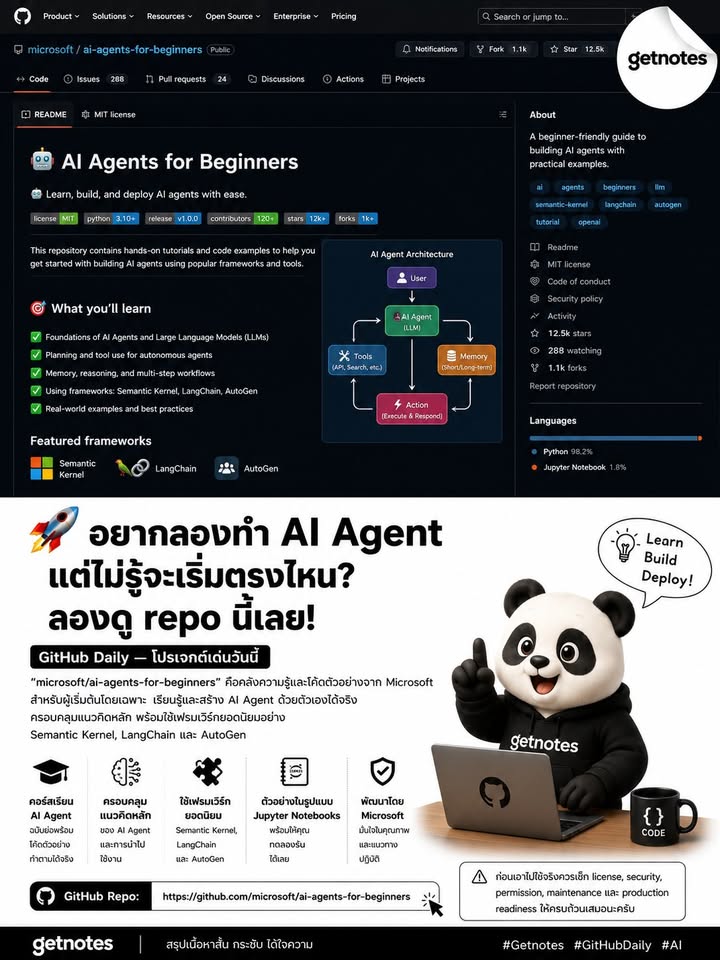 GitHub Daily — โปรเจกต์เด่นวันนี้ อยากลองทำ AI Agent แต่ไม่รู้จะเริ่มตรงไหน? ลองดู repo นี้เลย! "microsoft/ai-agents-for-beginners" คือคลังความรู้และโค้ดตัวอย่างจาก Microsoft ที...