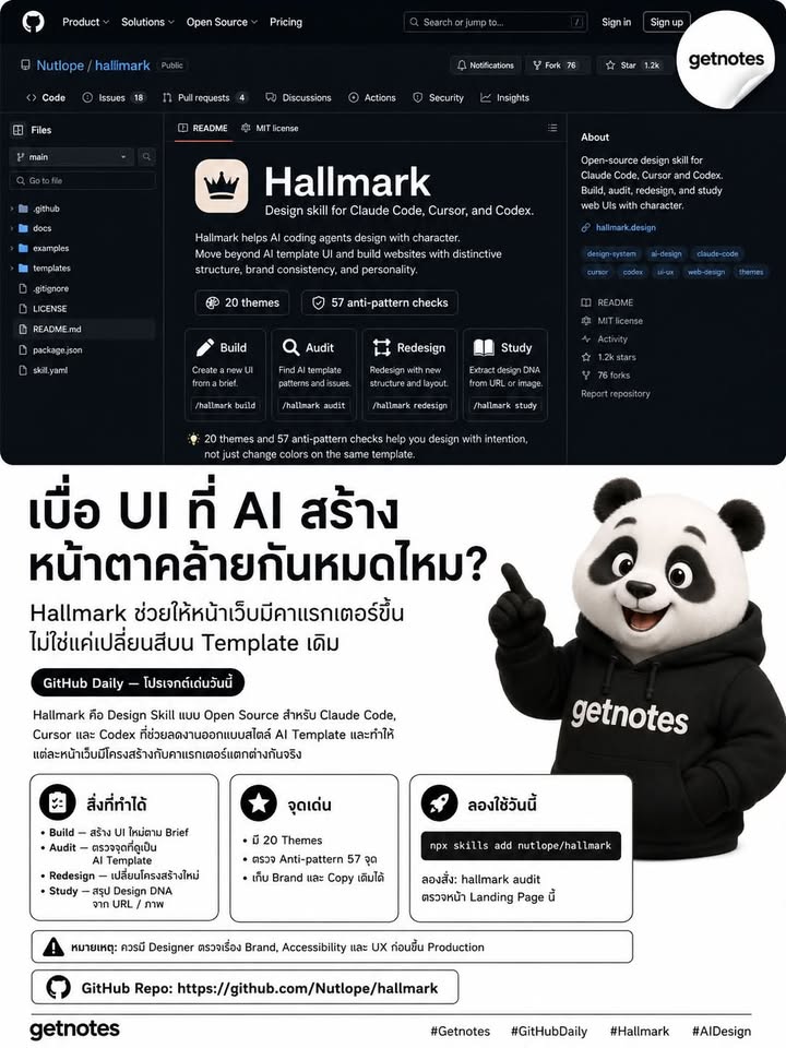 เบื่อไหม? ให้ AI สร้างเว็บทีไร หน้าตาก็เหมือน Template เดิมทุกครั้ง GitHub Daily — โปรเจกต์เด่นวันนี้ Hallmark คือ Design Skill แบบ Open Source สำหรับ Claude Code, Cursor และ Co...