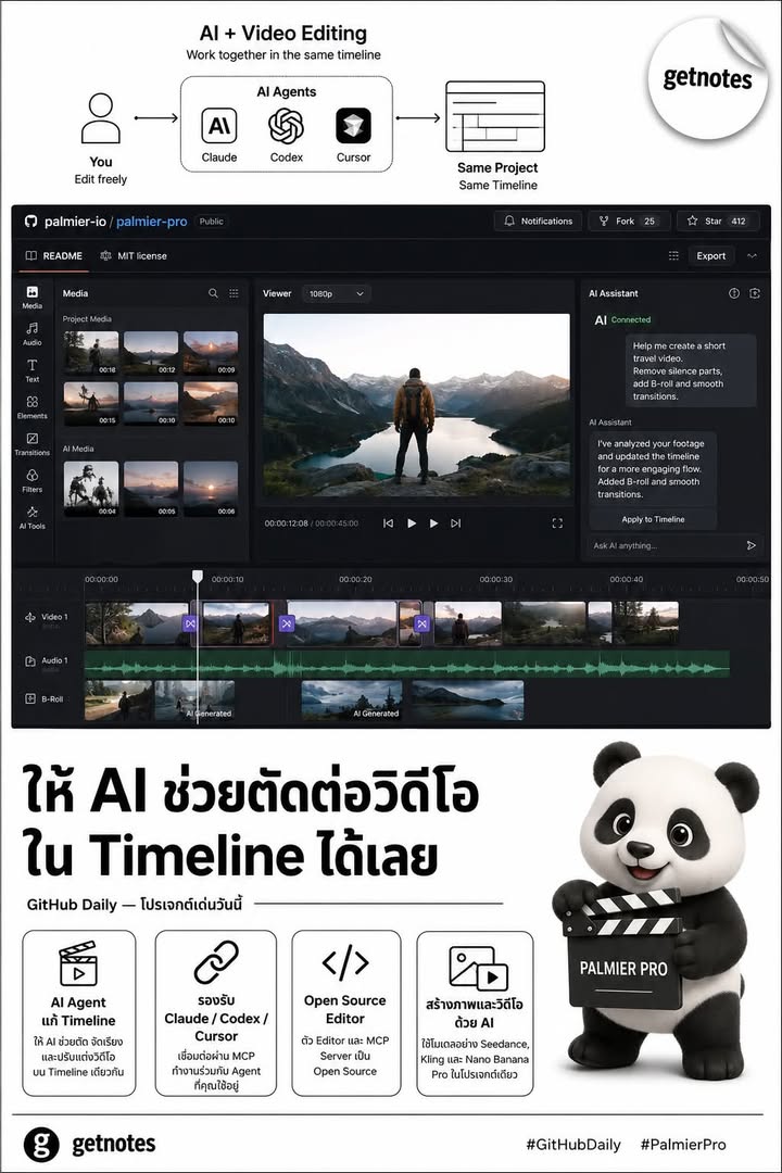 🎬 อยากให้ AI ช่วยตัดต่อวิดีโอใน Timeline เดียวกับเรา? GitHub Daily — โปรเจกต์เด่นวันนี้ Palmier Pro คือโปรแกรมตัดต่อวิดีโอแบบ Open Source สำหรับ Mac ที่ออกแบบมาให้คนและ AI Agen...