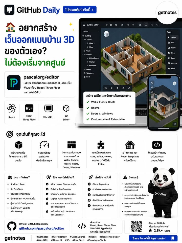 🏠 อยากสร้างเว็บออกแบบบ้าน 3D ของตัวเอง? ไม่ต้องเริ่มจากศูนย์ GitHub Daily — โปรเจกต์เด่นวันนี้ วันนี้ Getnotes ขอแนะนำ **pascalorg/editor** โปรเจกต์ Open Source สำหรับสร้างระบบ...